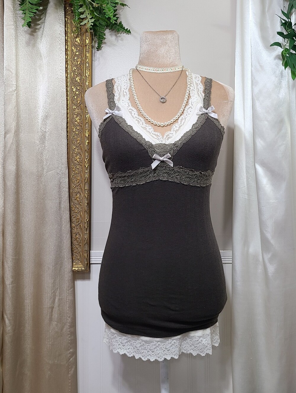 Rare ♡ Y2K ♡ Abercrombie And Fitch Brown Lace Babydoll Cami Tank Top Satin Bows